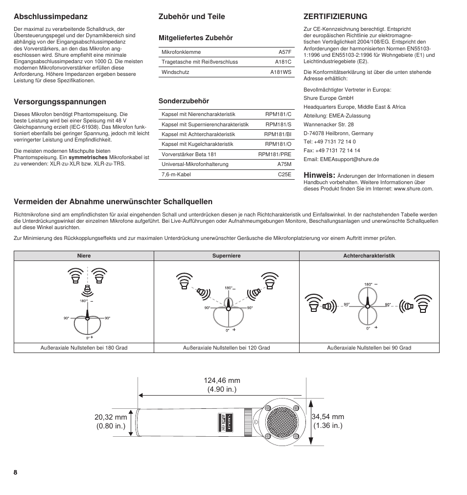 Zertifizierung, Versorgungsspannungen, Abschlussimpedanz | Hinweis | Shure BETA 181 User Manual | Page 8 / 28