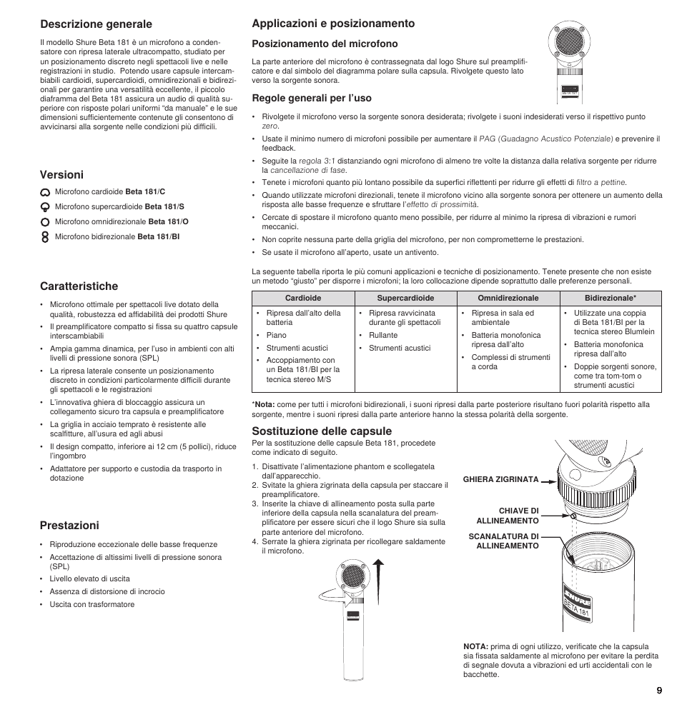 Caratteristiche, Applicazioni e posizionamento, Descrizione generale | Prestazioni, Sostituzione delle capsule, Versioni, Regole generali per l’uso, Posizionamento del microfono | Shure BETA 181 User Manual | Page 9 / 28