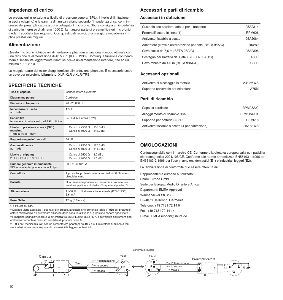 Alimentazione, Accessori e parti di ricambio omologazioni, Impedenza di carico | Specifiche tecniche, Accessori in dotazione, Accessori opzionali, Parti di ricambio | Shure BETA 98A User Manual | Page 10 / 24