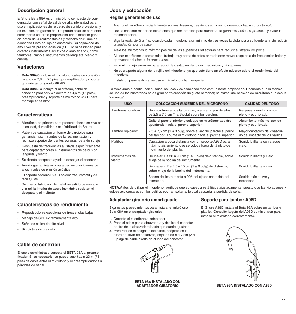 Descripción general, Variaciones, Características de rendimiento | Características, Cable de conexión, Usos y colocación, Reglas generales de uso, Adaptador giratorio amortiguado, Soporte para tambor a98d | Shure BETA 98A User Manual | Page 11 / 24