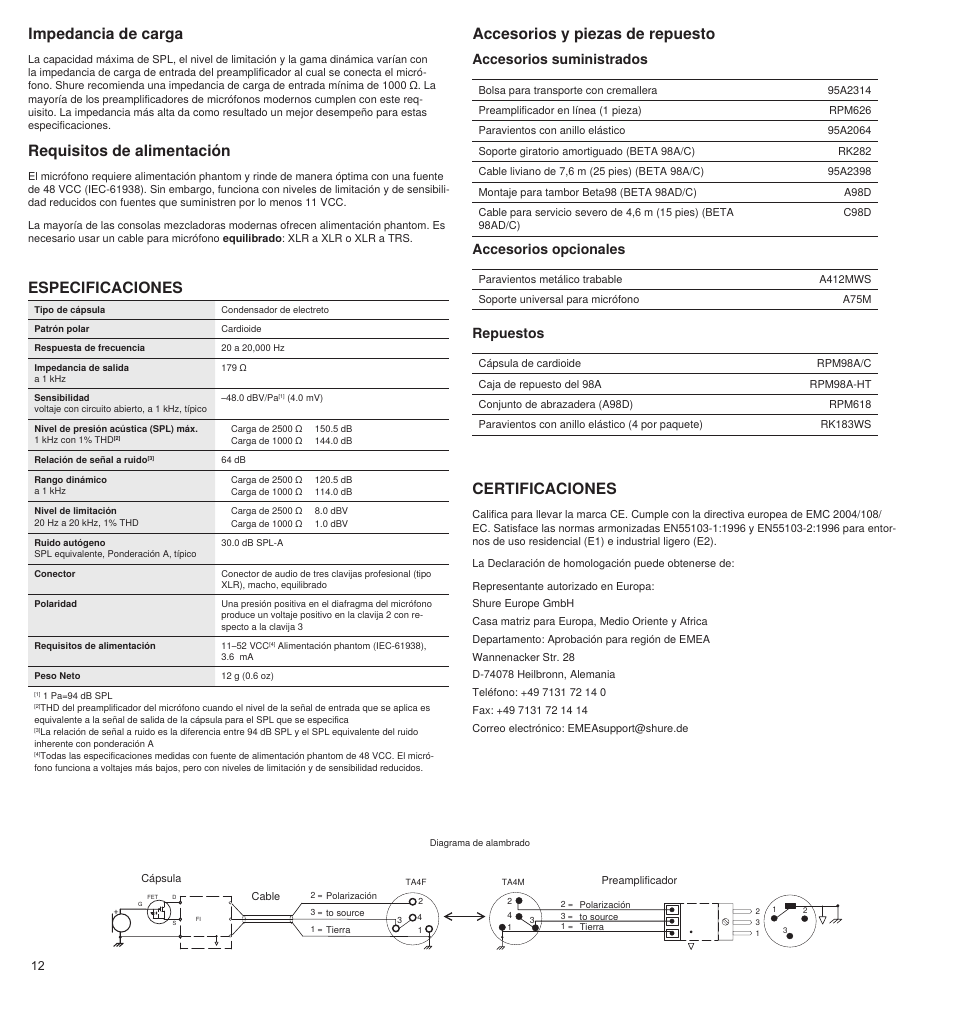 Requisitos de alimentación, Accesorios y piezas de repuesto certificaciones, Impedancia de carga | Especificaciones, Accesorios suministrados, Accesorios opcionales, Repuestos | Shure BETA 98A User Manual | Page 12 / 24