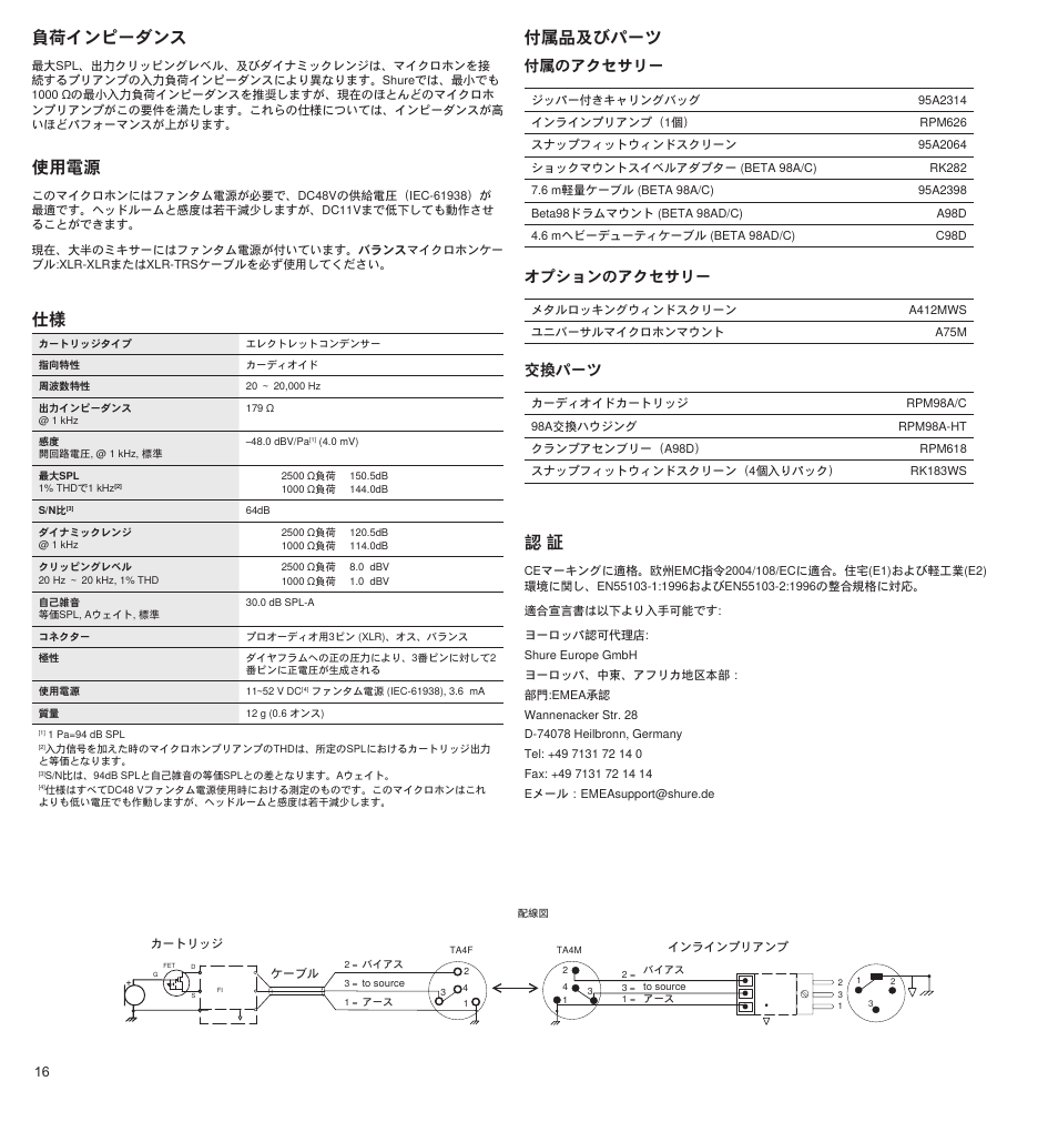 使用電源, 付属品及びパーツ 認 証, 負荷インピーダンス | 付属のアクセサリー, オプションのアクセサリー, 交換パーツ | Shure BETA 98A User Manual | Page 16 / 24