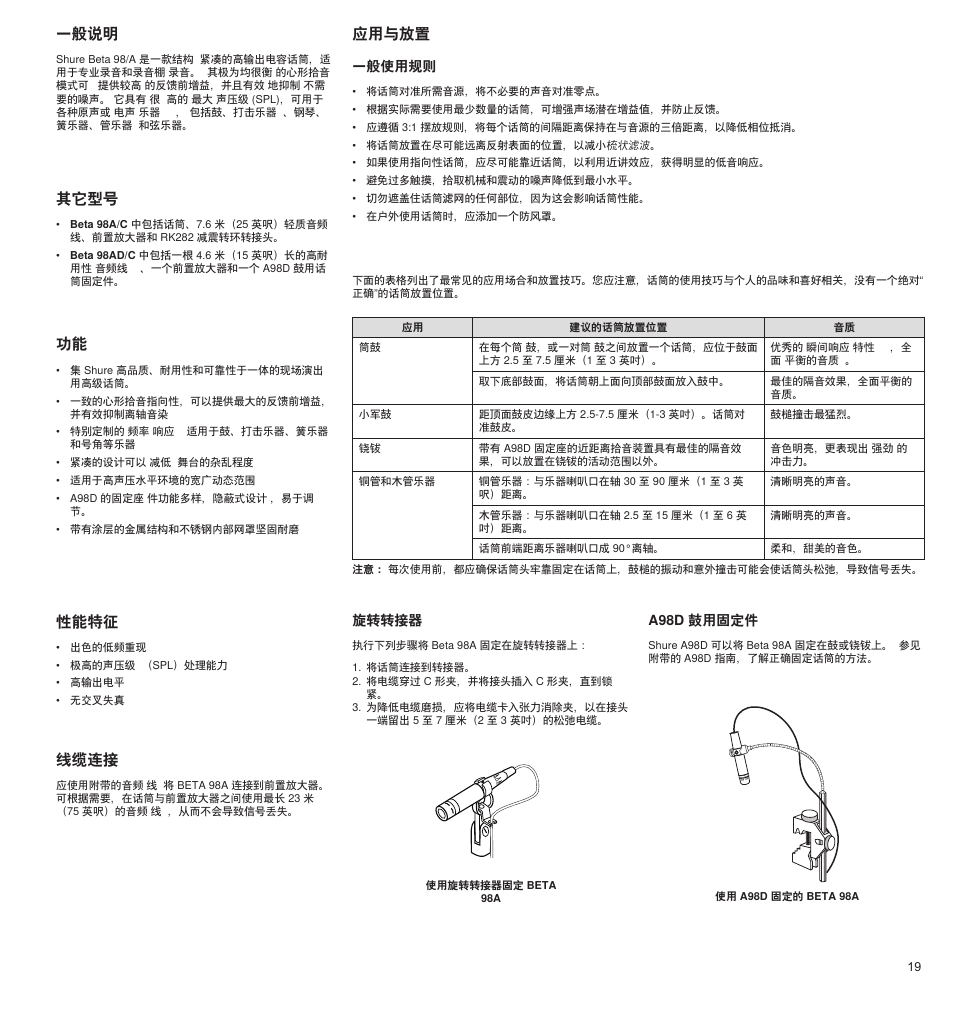 一般说明, 其它型号, 性能特征 | 线缆连接, 应用与放置 | Shure BETA 98A User Manual | Page 19 / 24