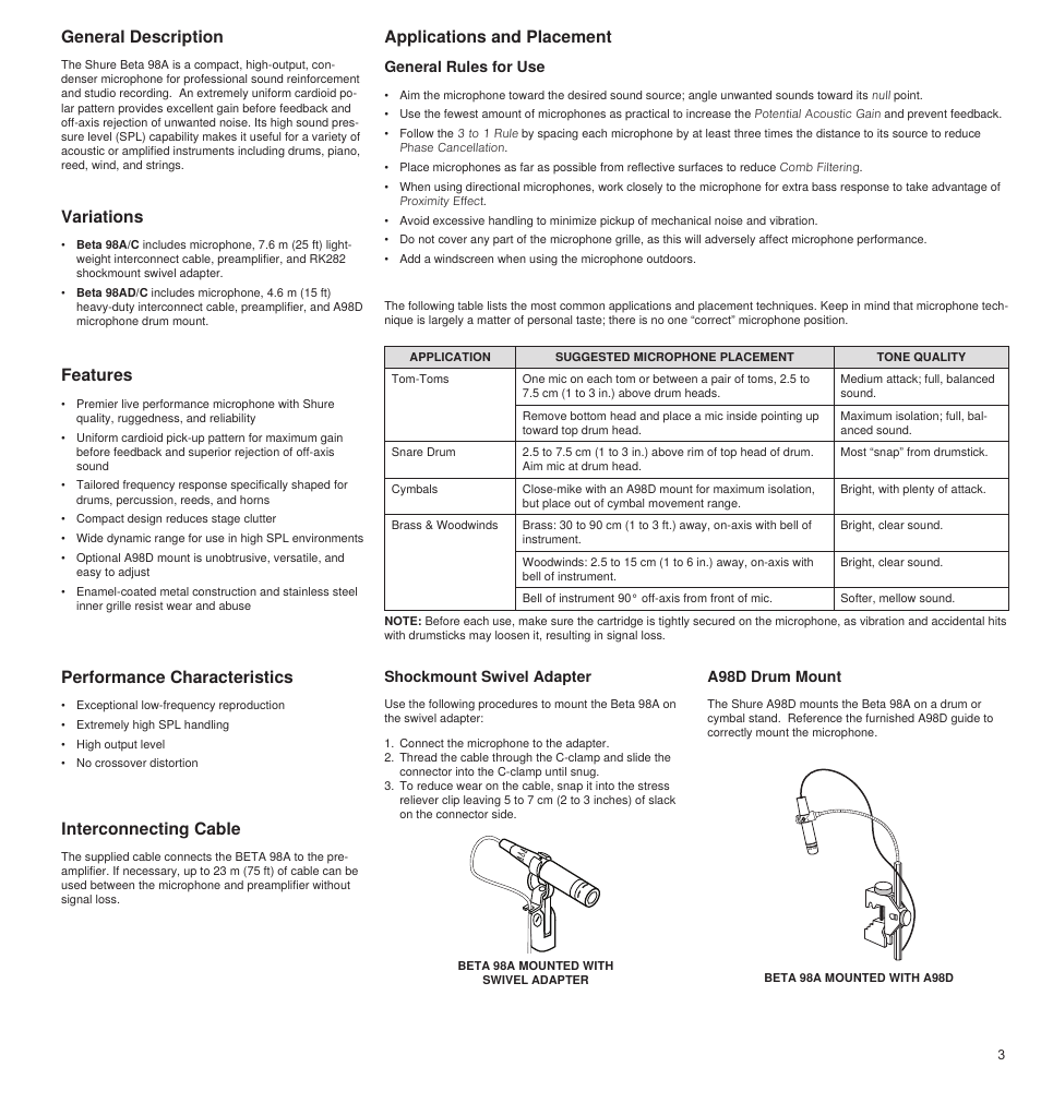 General description, Variations, Performance characteristics | Features, Applications and placement, Interconnecting cable, General rules for use, Shockmount swivel adapter, A98d drum mount | Shure BETA 98A User Manual | Page 3 / 24