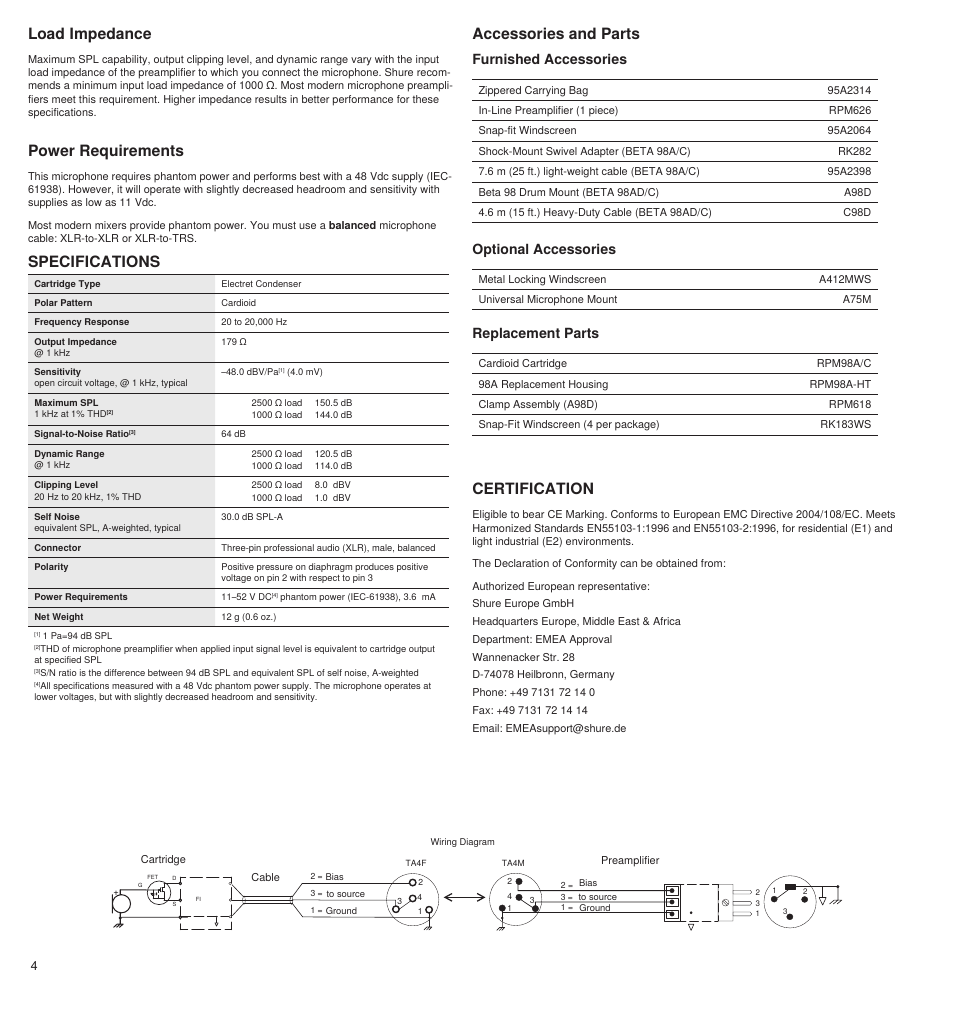 Power requirements, Accessories and parts certification, Load impedance | Specifications, Furnished accessories, Optional accessories, Replacement parts | Shure BETA 98A User Manual | Page 4 / 24