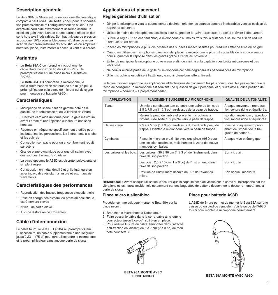 Description générale, Variantes, Caractéristiques des performances | Caractéristiques, Applications et placement, Câble d’interconnexion, Règles générales d’utilisation, Pince micro à silentbloc, Pince pour batterie a98d | Shure BETA 98A User Manual | Page 5 / 24