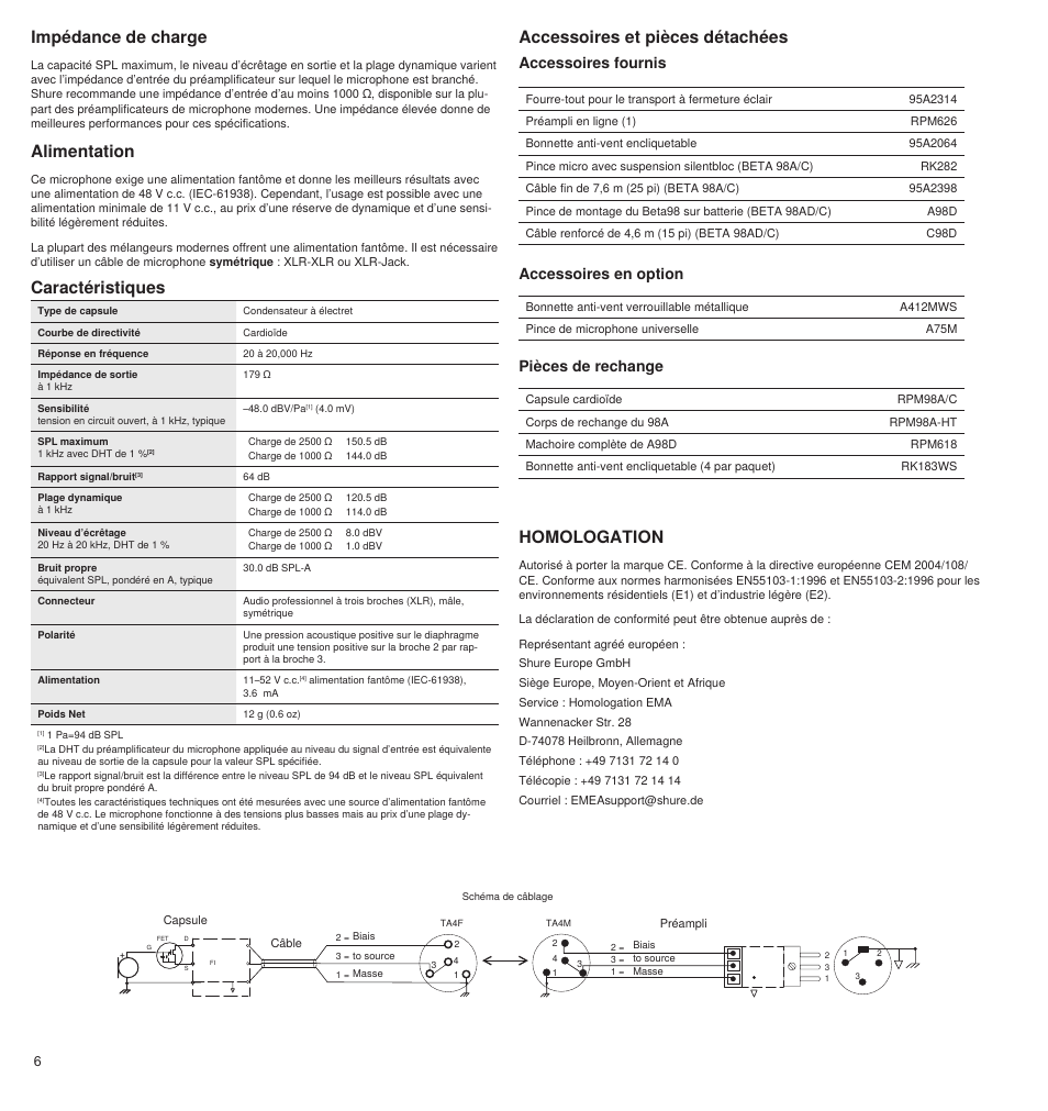 Alimentation, Accessoires et pièces détachées homologation, Impédance de charge | Caractéristiques, Accessoires fournis, Accessoires en option, Pièces de rechange | Shure BETA 98A User Manual | Page 6 / 24