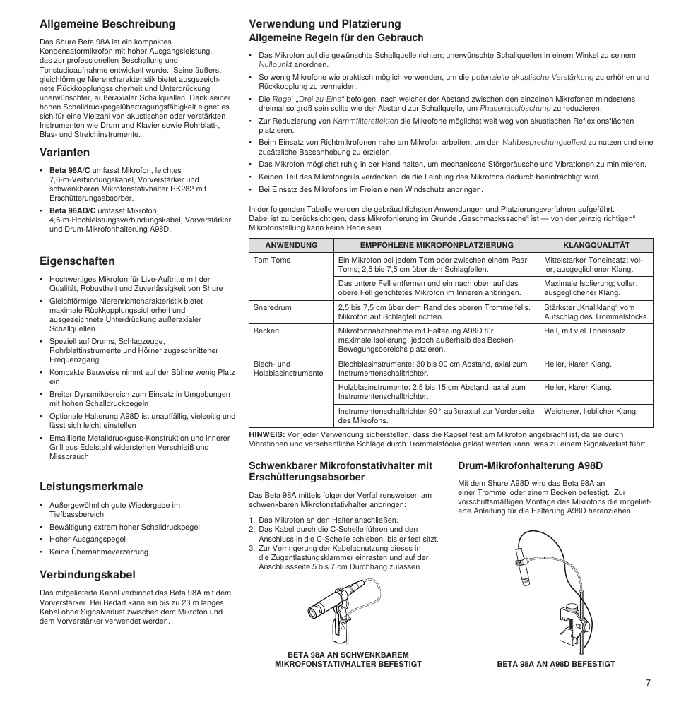 Allgemeine beschreibung, Varianten, Leistungsmerkmale | Eigenschaften, Verwendung und platzierung, Verbindungskabel, Allgemeine regeln für den gebrauch, Drum-mikrofonhalterung a98d | Shure BETA 98A User Manual | Page 7 / 24