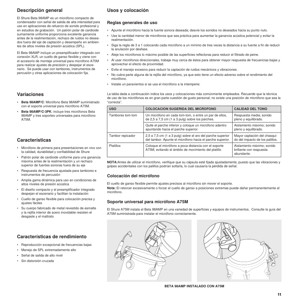 Descripción general, Características, Características de rendimiento | Usos y colocación variaciones | Shure BETA 98AMP User Manual | Page 11 / 24