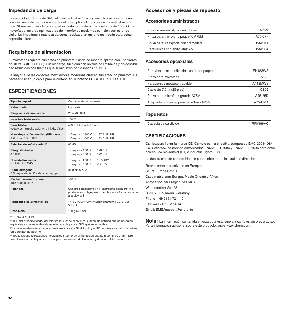 Accesorios y piezas de repuesto, Especificaciones, Requisitos de alimentación | Impedancia de carga, Nota, Accesorios suministrados, Accesorios opcionales, Repuestos, Certificaciones | Shure BETA 98AMP User Manual | Page 12 / 24