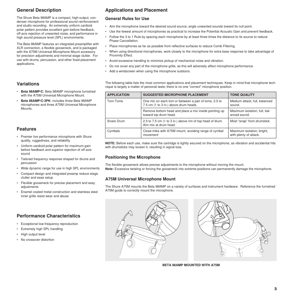 General description, Features, Performance characteristics | Applications and placement variations, General rules for use, A75m universal microphone mount, Positioning the microphone | Shure BETA 98AMP User Manual | Page 3 / 24