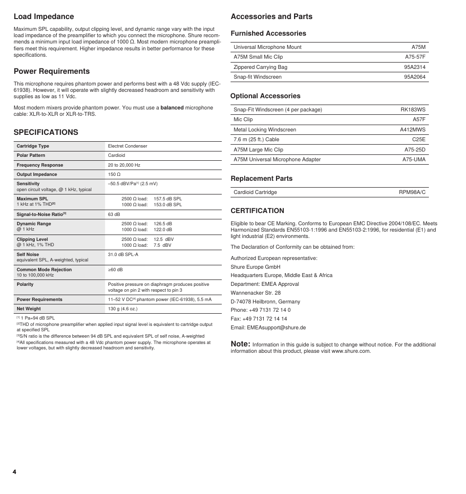 Accessories and parts, Specifications, Power requirements | Load impedance, Furnished accessories, Optional accessories, Replacement parts, Certification | Shure BETA 98AMP User Manual | Page 4 / 24