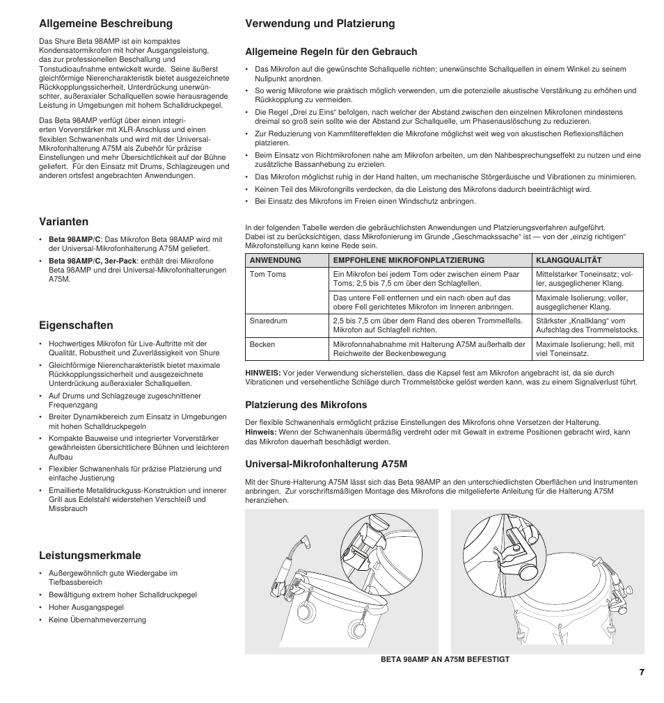 Allgemeine beschreibung, Eigenschaften, Leistungsmerkmale | Verwendung und platzierung varianten, Allgemeine regeln für den gebrauch, Universal-mikrofonhalterung a75m, Platzierung des mikrofons | Shure BETA 98AMP User Manual | Page 7 / 24