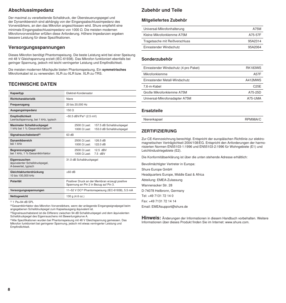 Zubehör und teile, Technische daten, Versorgungsspannungen | Abschlussimpedanz, Hinweis, Mitgeliefertes zubehör, Sonderzubehör, Ersatzteile, Zertifizierung | Shure BETA 98AMP User Manual | Page 8 / 24