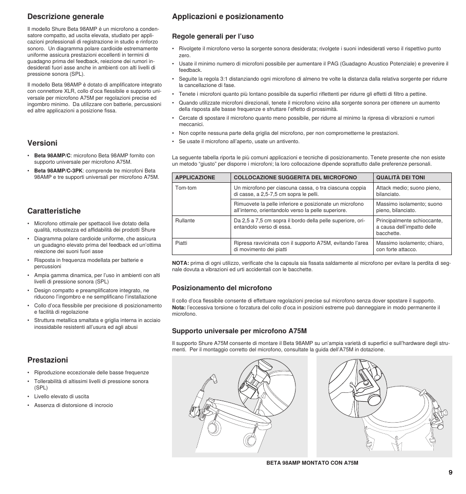 Descrizione generale, Caratteristiche, Prestazioni | Applicazioni e posizionamento versioni, Regole generali per l’uso, Supporto universale per microfono a75m, Posizionamento del microfono | Shure BETA 98AMP User Manual | Page 9 / 24