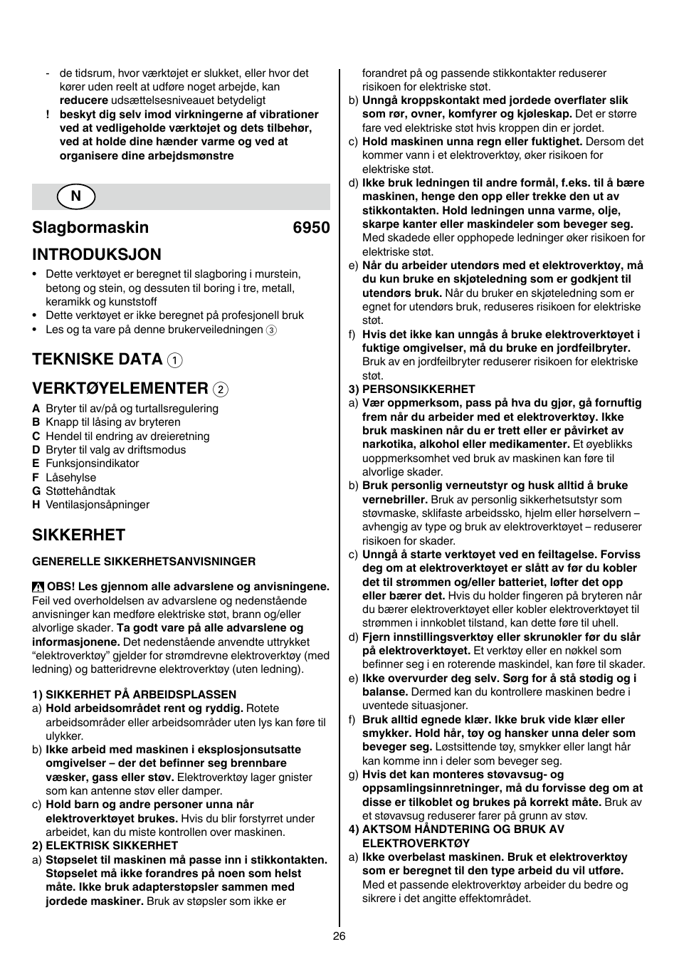 Slagbormaskin 6950 introduksjon, Tekniske data 1 verktøyelementer 2, Sikkerhet | Skil 6950 AA (Torro) User Manual | Page 26 / 108