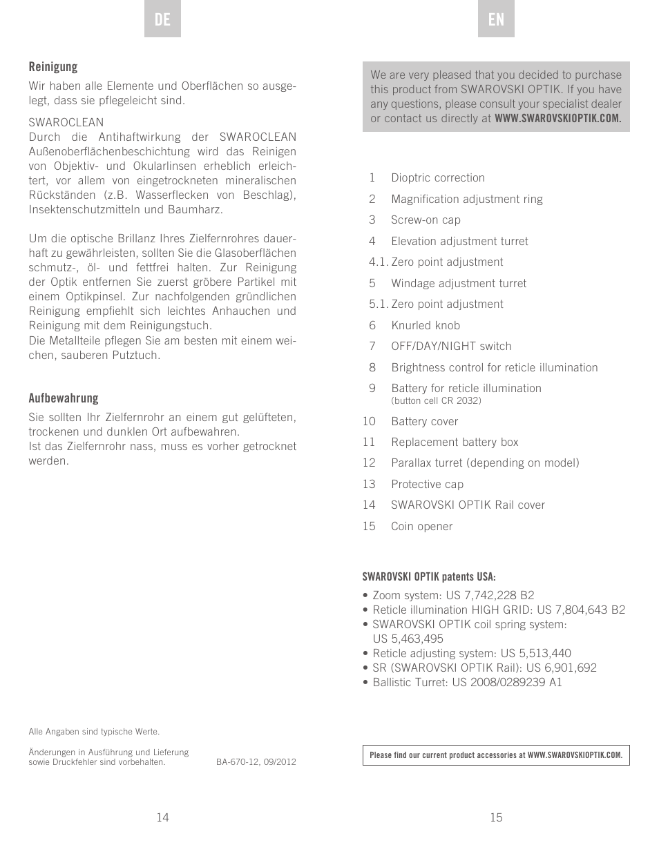 De en | Swarovski Optik Z6(i) 5-30x50 P (BT) User Manual | Page 8 / 71