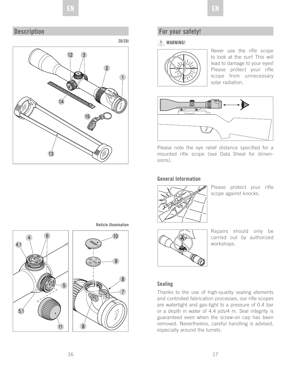 De en en, Description, For your safety | Swarovski Optik Z6(i) 5-30x50 P (BT) User Manual | Page 9 / 71