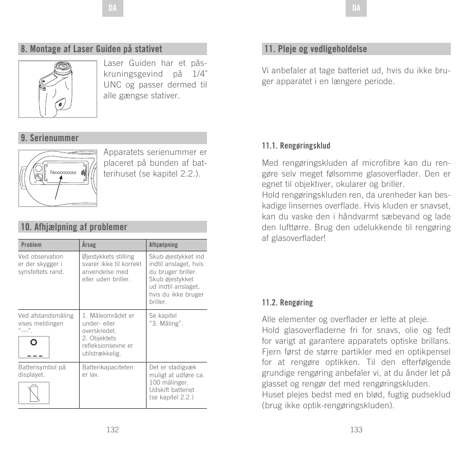 Pleje og vedligeholdelse, Montage af laser guiden på stativet, Serienummer | Afhjælpning af problemer | Swarovski Optik Rangefinder User Manual | Page 67 / 83