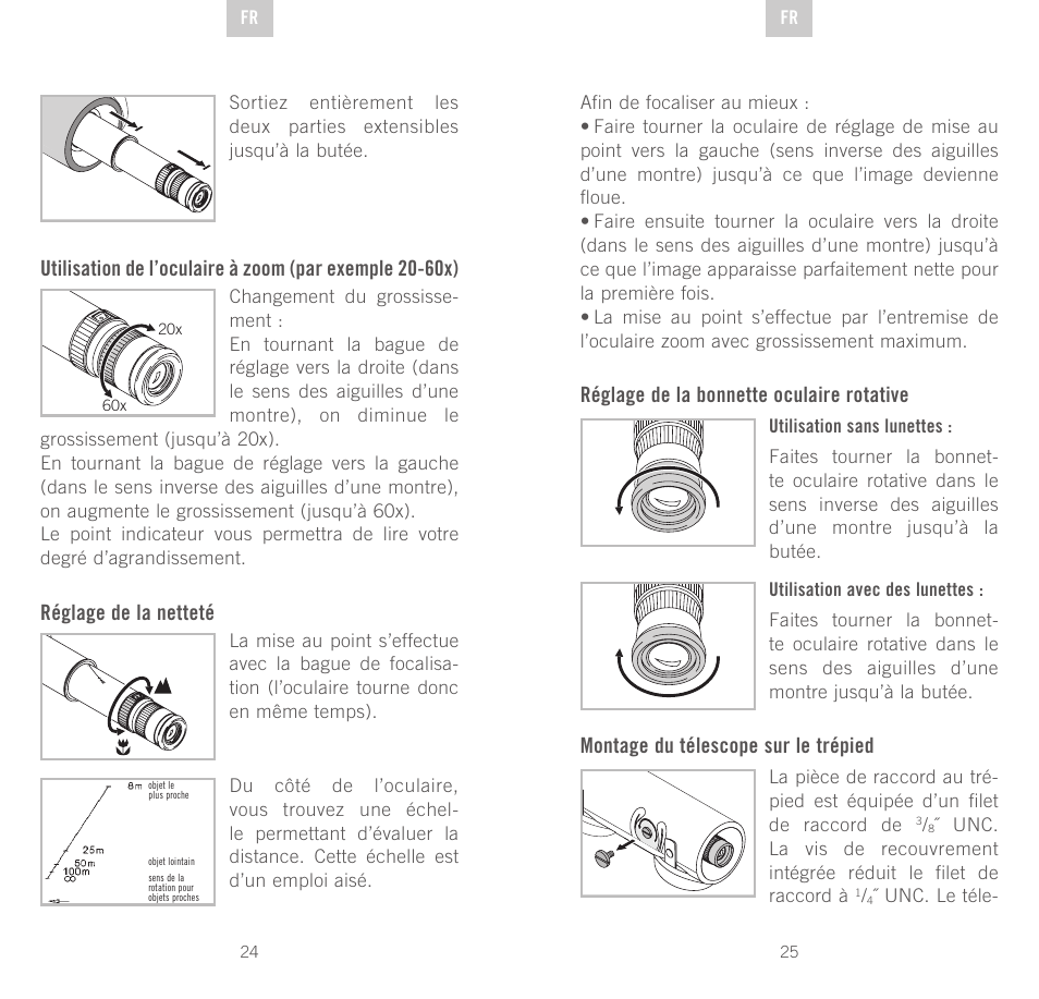 Réglage de la netteté, Réglage de la bonnette oculaire rotative, Montage du télescope sur le trépied | Swarovski Optik CTS User Manual | Page 13 / 53