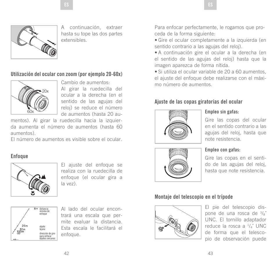 Enfoque, Ajuste de las copas giratorias del ocular, Montaje del telescopio en el trípode | Swarovski Optik CTS User Manual | Page 22 / 53