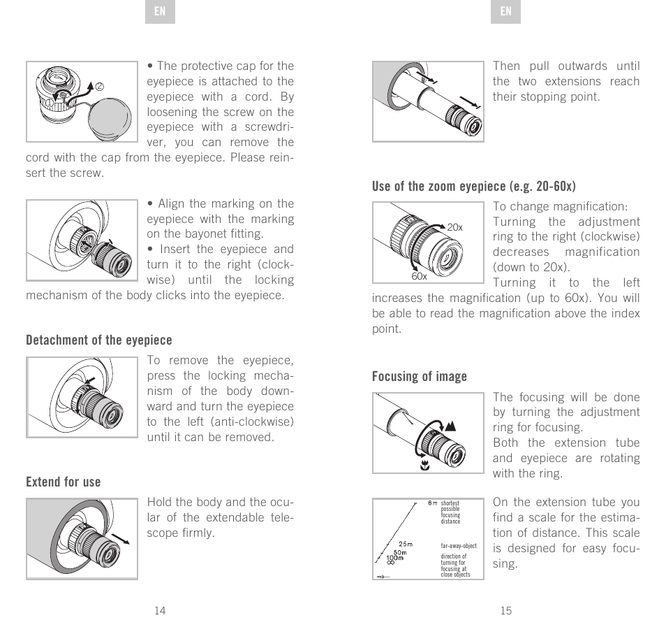 Detachment of the eyepiece, Extend for use, Use of the zoom eyepiece (e.g. 20-60x) | Focusing of image | Swarovski Optik CTS User Manual | Page 8 / 53