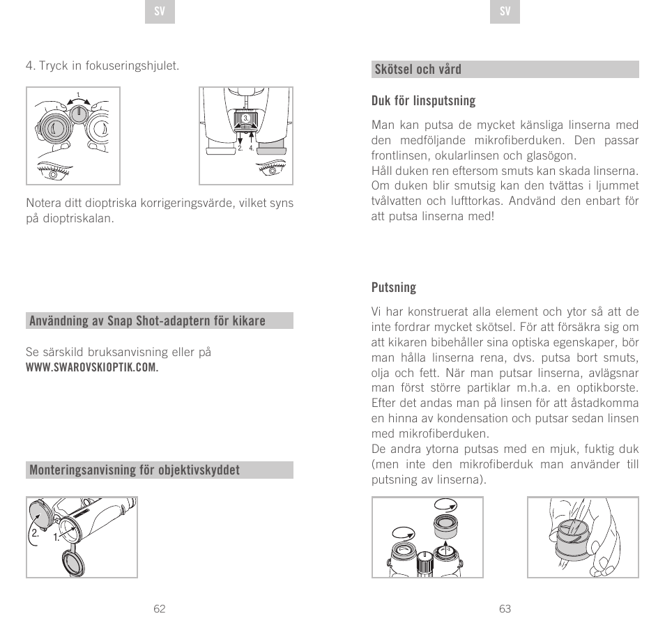 Användning av snap shot-adaptern för kikare, Monteringsanvisning för objektivskyddet, Duk för linsputsning | Putsning, Skötsel och vård | Swarovski Optik EL 50 User Manual | Page 32 / 51