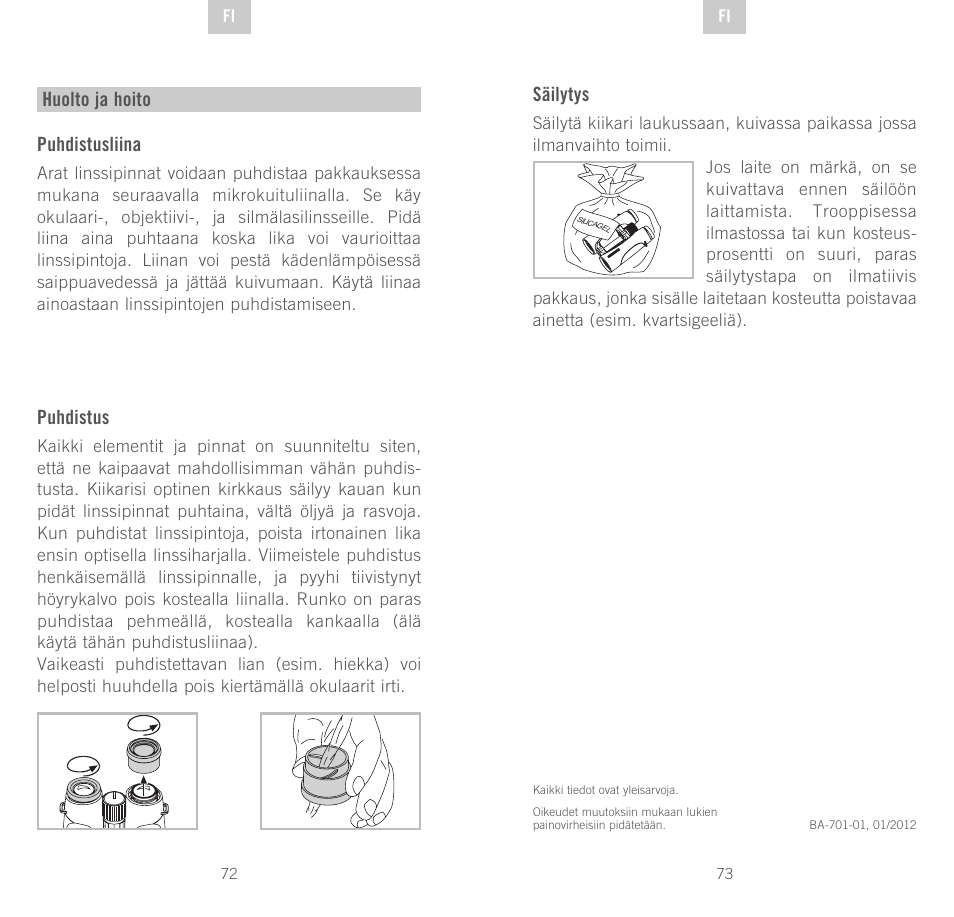Puhdistusliina, Puhdistus, Huolto ja hoito säilytys | Swarovski Optik EL 50 User Manual | Page 37 / 51
