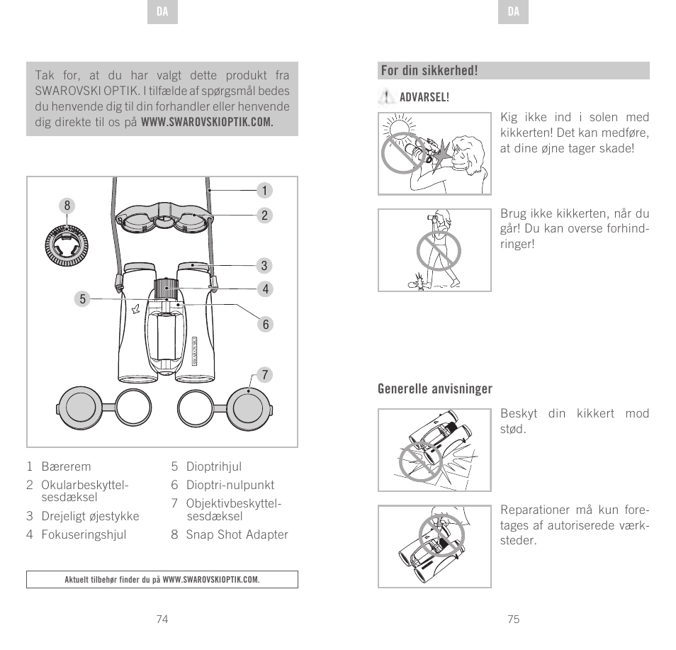 For din sikkerhed, Generelle anvisninger | Swarovski Optik EL 50 User Manual | Page 38 / 51