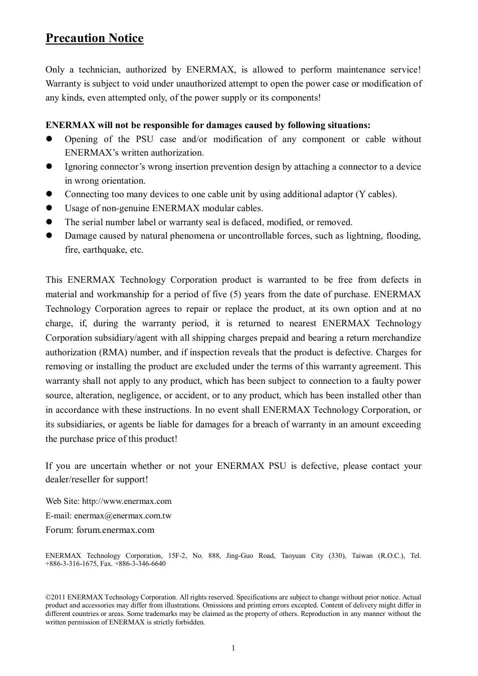 Precaution notice | Enermax Platimax EPM850EWT User Manual | Page 3 / 40