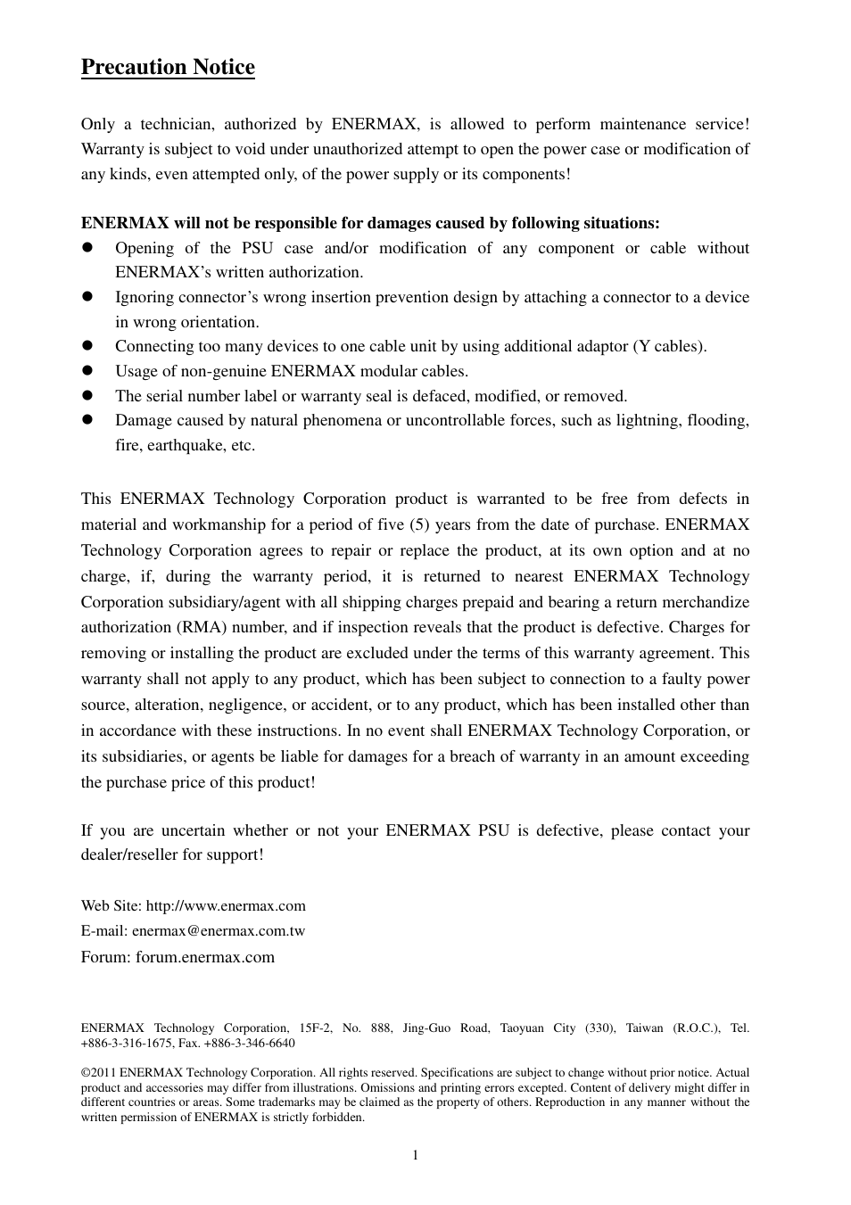 Precaution notice | Enermax Platimax EPM1000EWT User Manual | Page 3 / 56