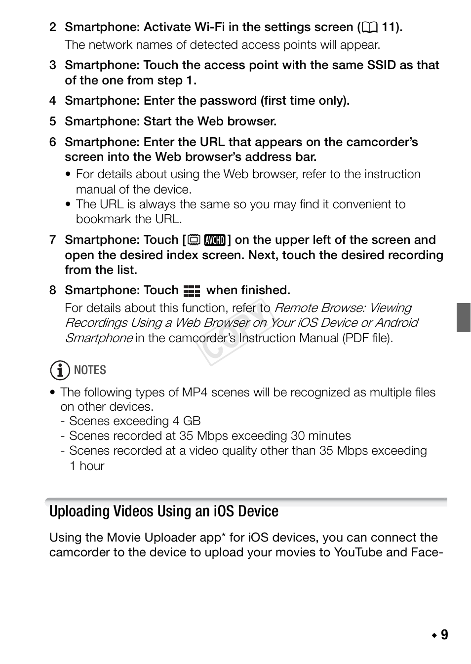 Uploading videos using an ios device, Cop y | Canon LEGRIA HF R48 User Manual | Page 27 / 116