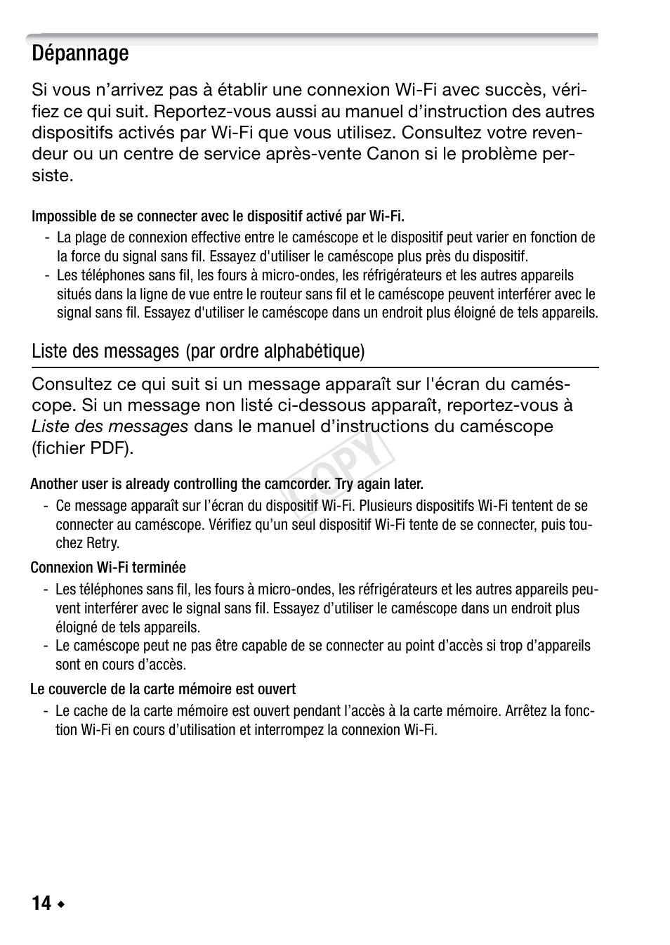Dépannage, Cop y | Canon LEGRIA HF R48 User Manual | Page 46 / 116
