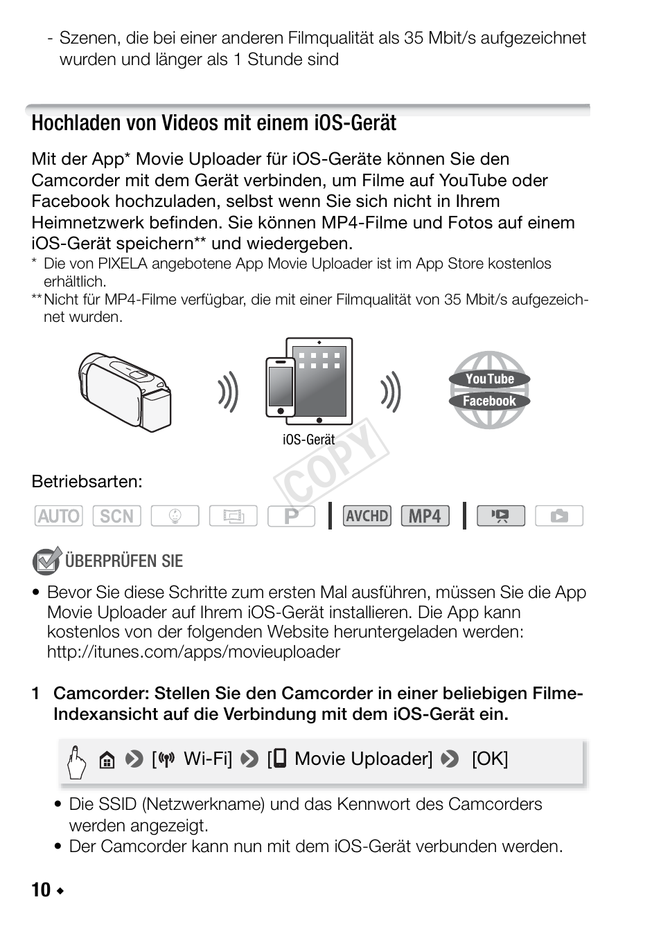 Hochladen von videos mit einem ios-gerät, Cop y | Canon LEGRIA HF R48 User Manual | Page 56 / 116