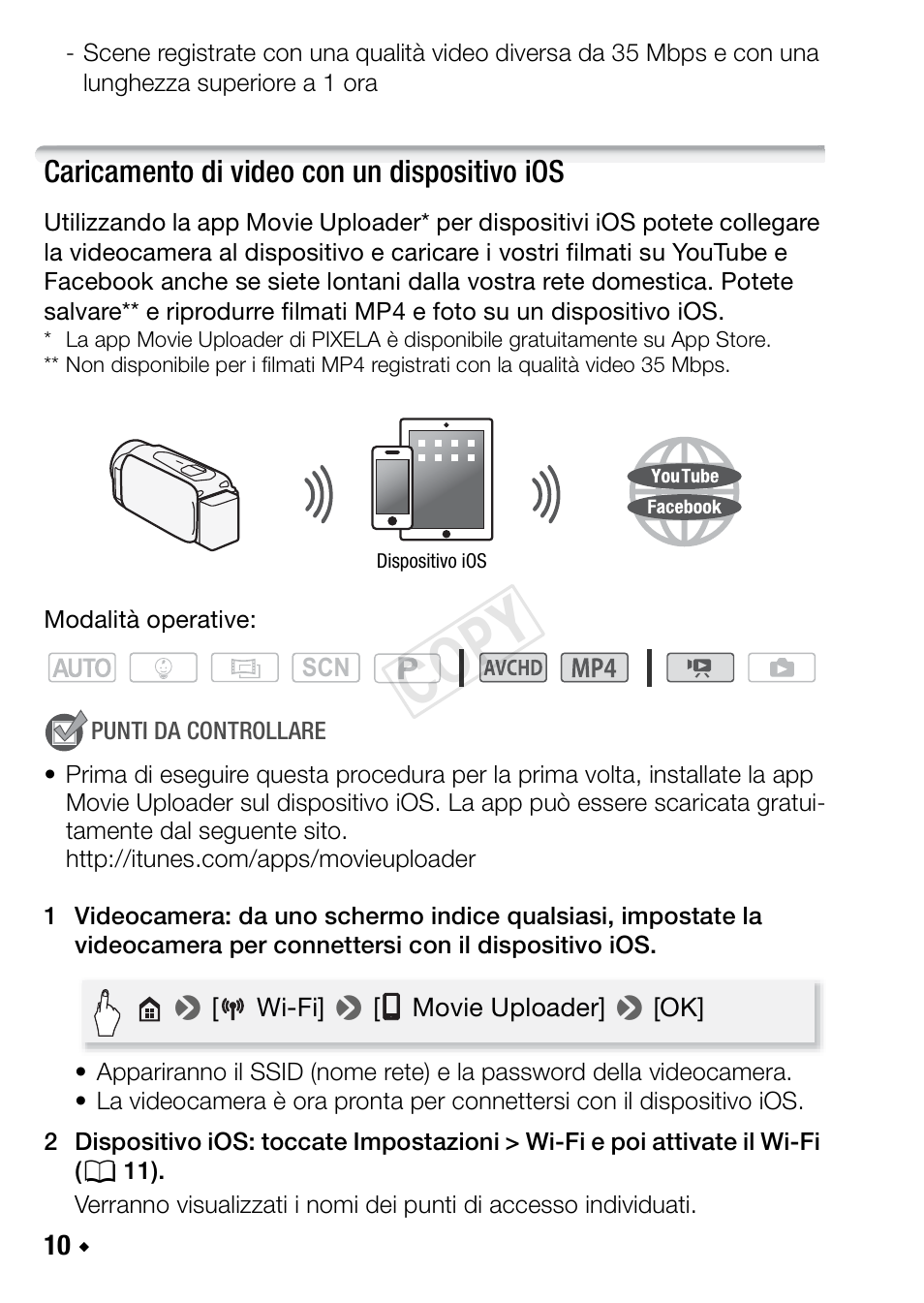 Caricamento di video con un dispositivo ios, Cop y | Canon LEGRIA HF R48 User Manual | Page 70 / 116