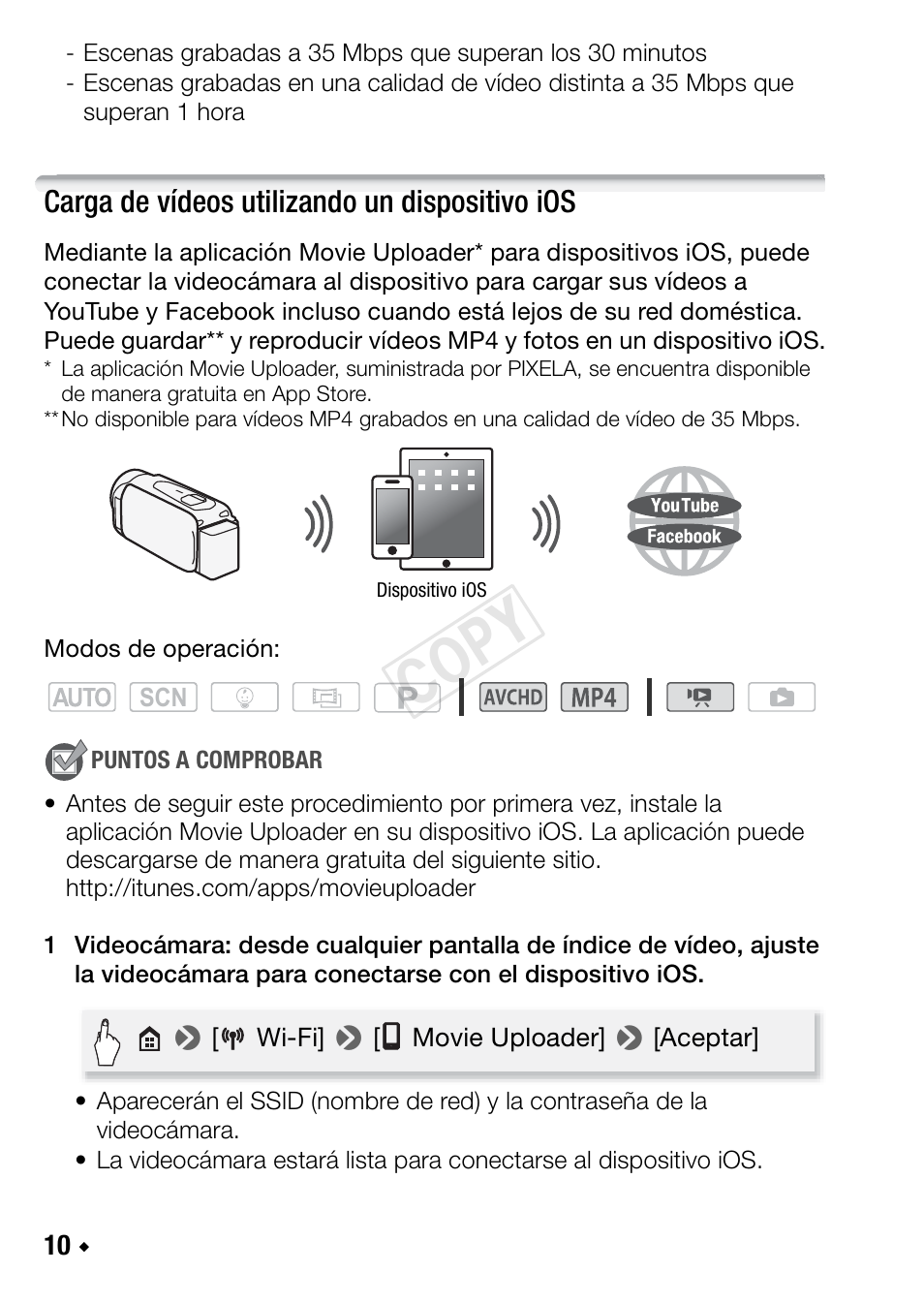 Carga de vídeos utilizando un dispositivo ios, Cop y | Canon LEGRIA HF R48 User Manual | Page 84 / 116