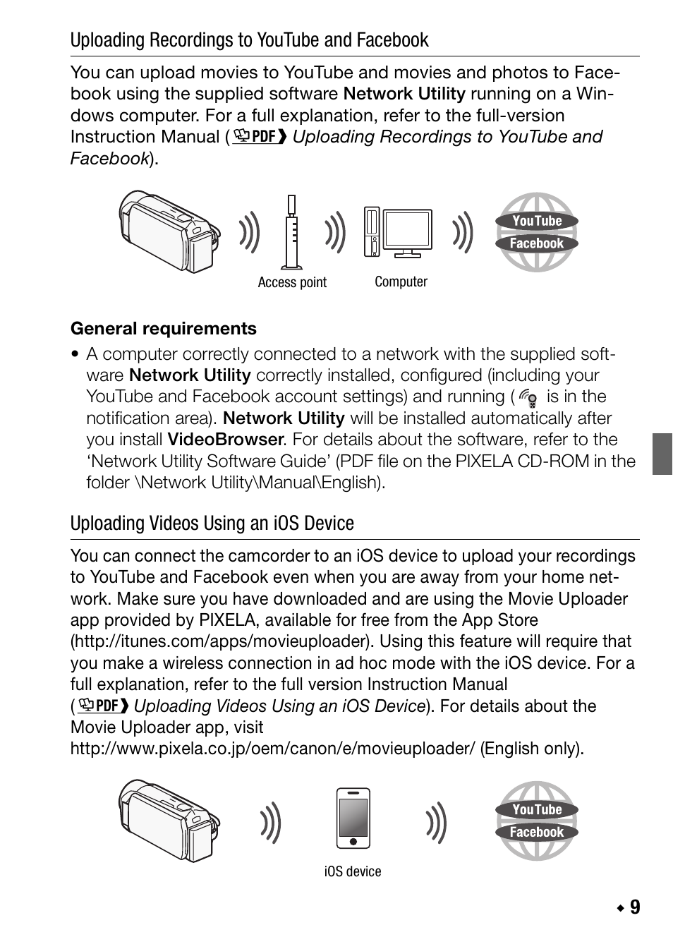 9uploading recordings to youtube and facebook, Uploading videos using an ios device | Canon LEGRIA HF R38 User Manual | Page 27 / 96