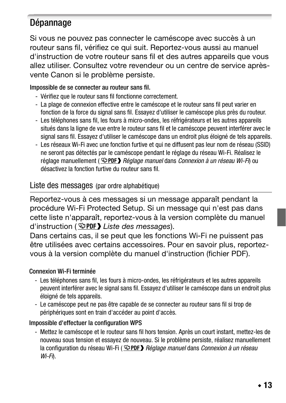 Dépannage, Liste des messages | Canon LEGRIA HF R38 User Manual | Page 43 / 96