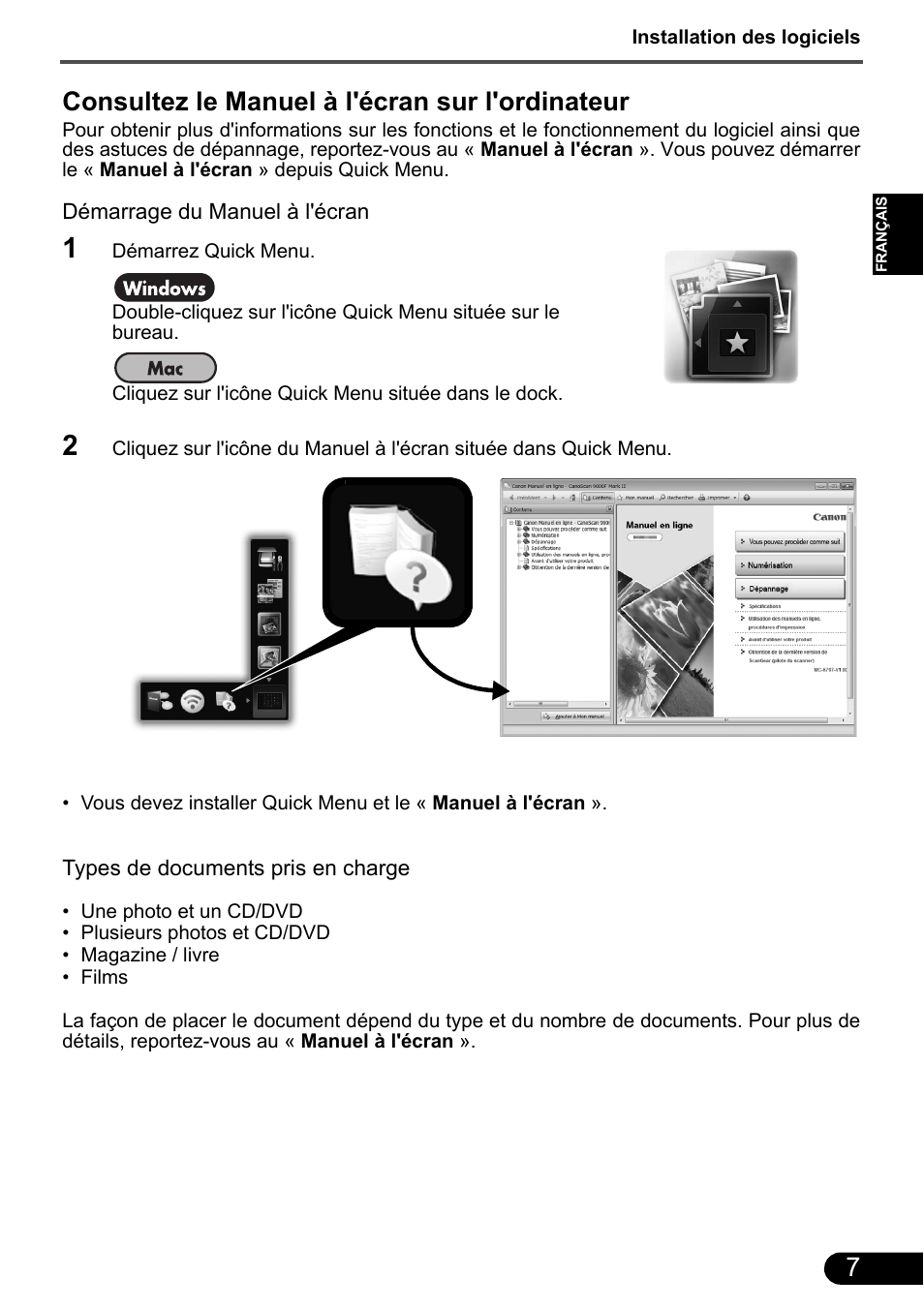 Consultez le manuel à l'écran sur l'ordinateur | Canon CanoScan 9000F MarkII User Manual | Page 22 / 135