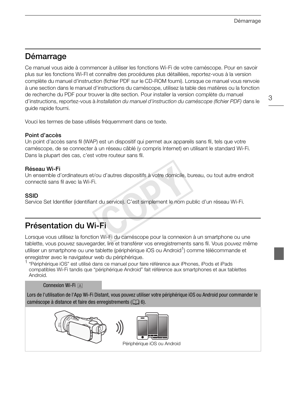 Ions wi, Démarrage, Présentation du wi-fi | Cop y | Canon LEGRIA HF G30 User Manual | Page 15 / 89