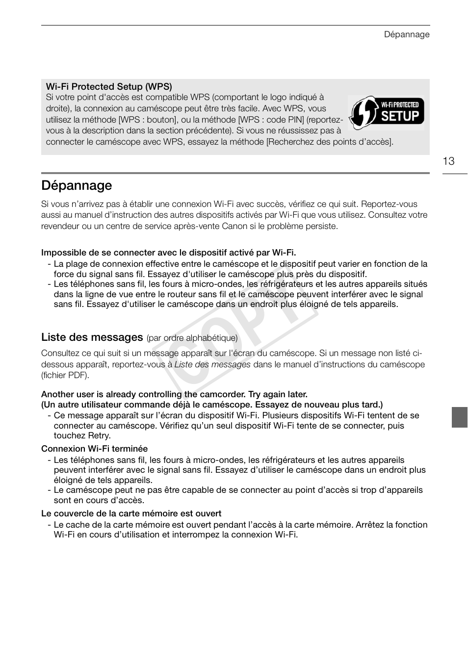 Dépannage, Cop y | Canon LEGRIA HF G30 User Manual | Page 25 / 89