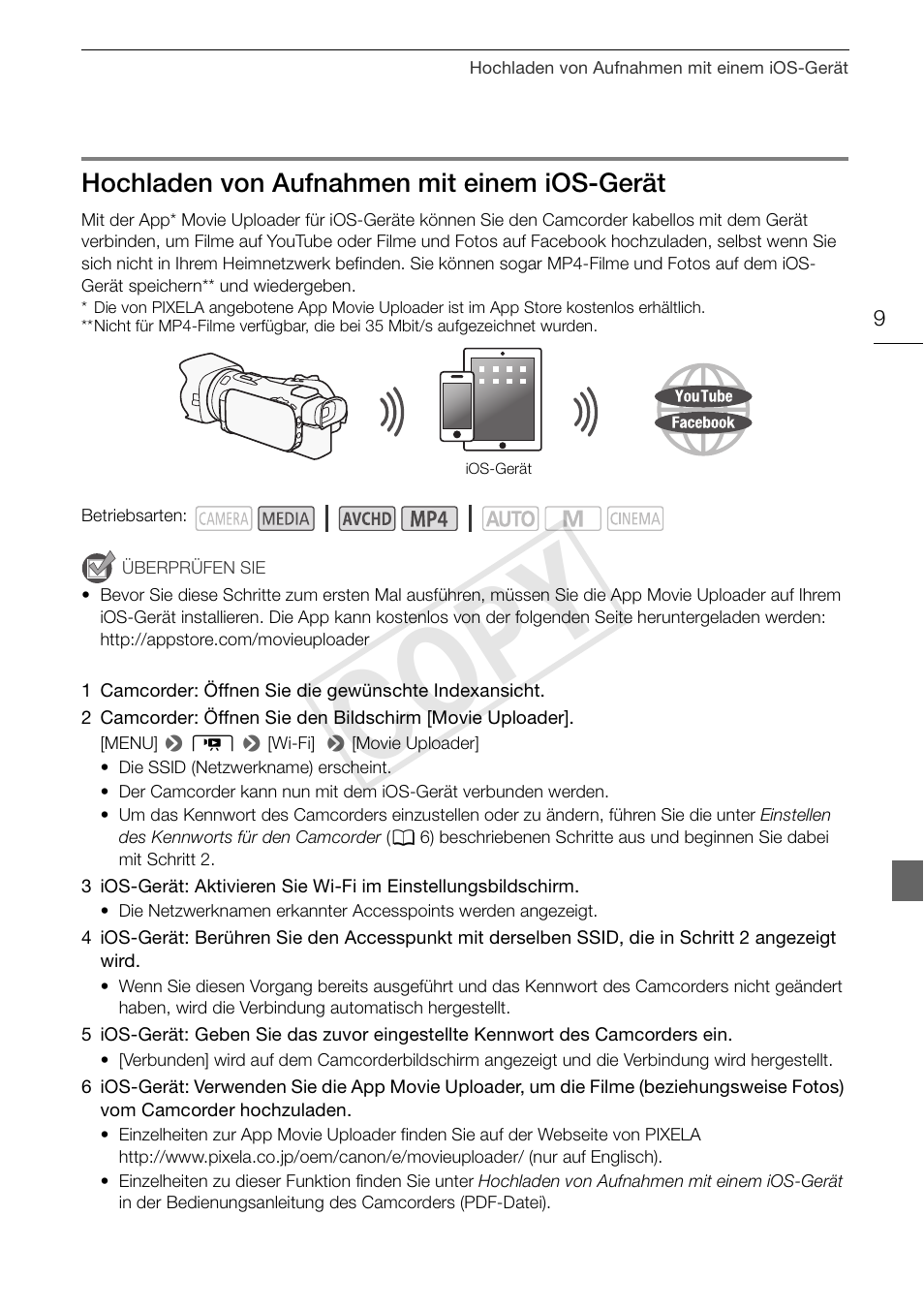 Hochladen von aufnahmen mit einem ios-gerät, Cop y | Canon LEGRIA HF G30 User Manual | Page 33 / 89