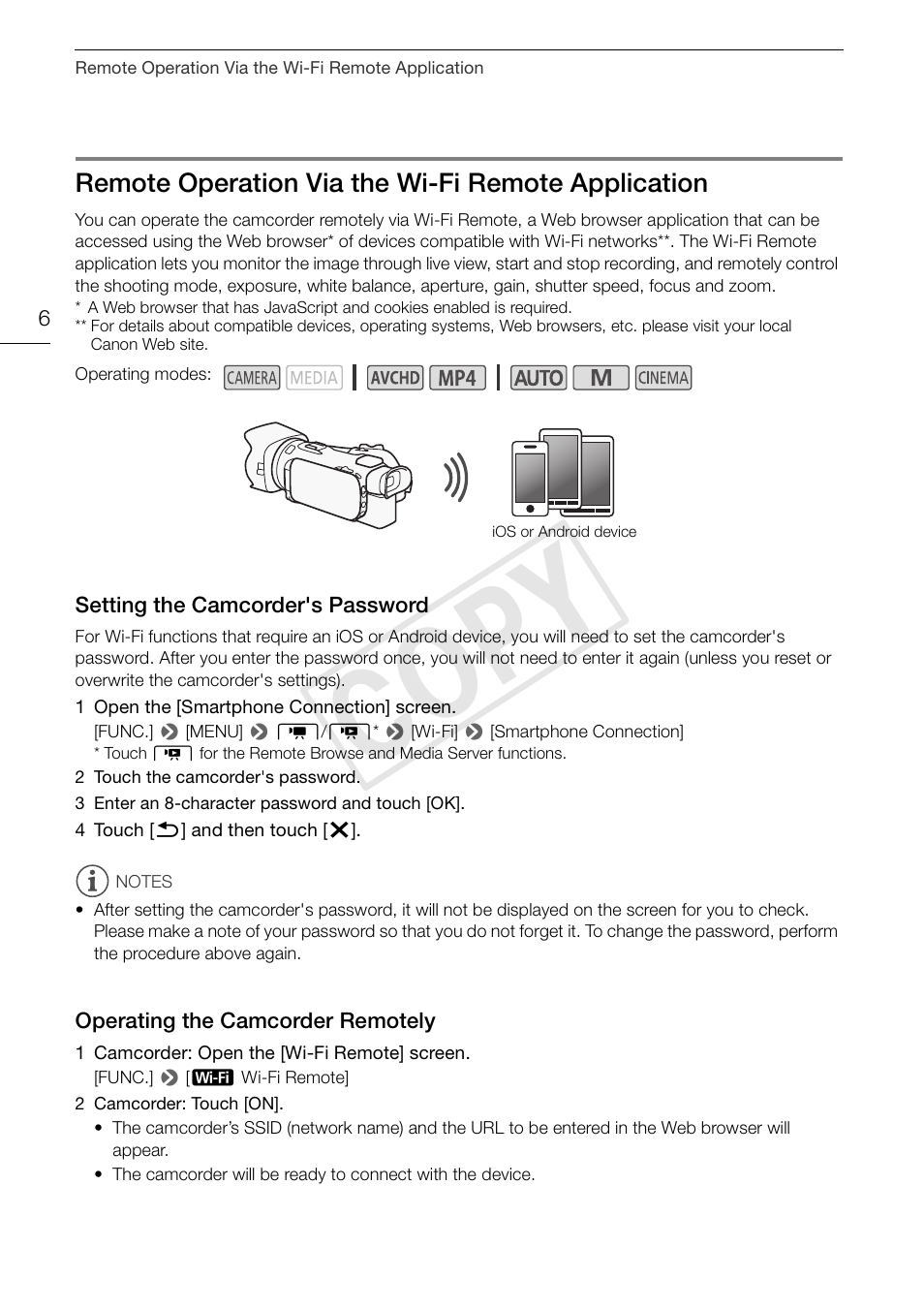 Cop y, Remote operation via the wi-fi remote application | Canon LEGRIA HF G30 User Manual | Page 6 / 89