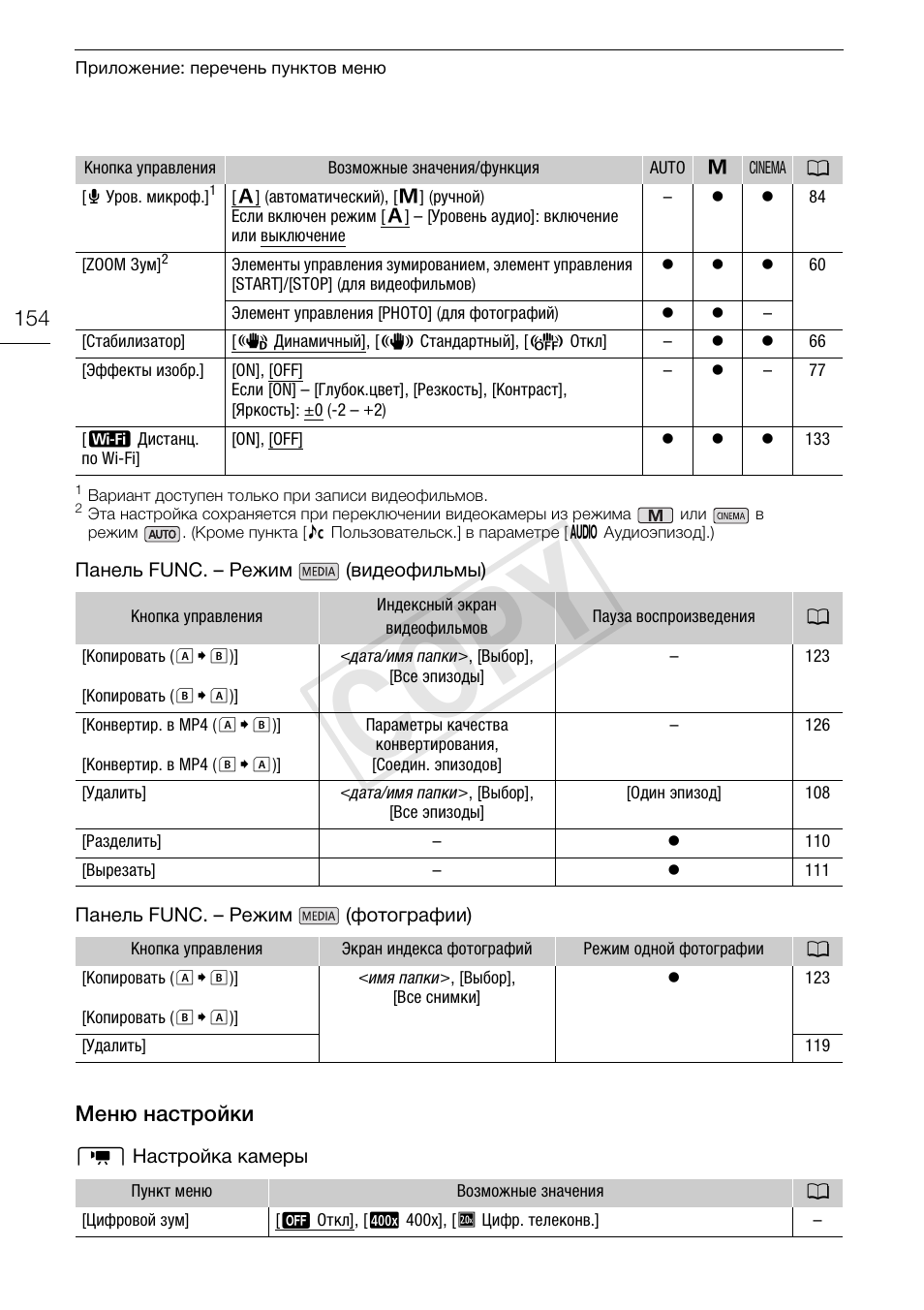Меню настройки 154, Cop y | Canon XA25 User Manual | Page 154 / 199