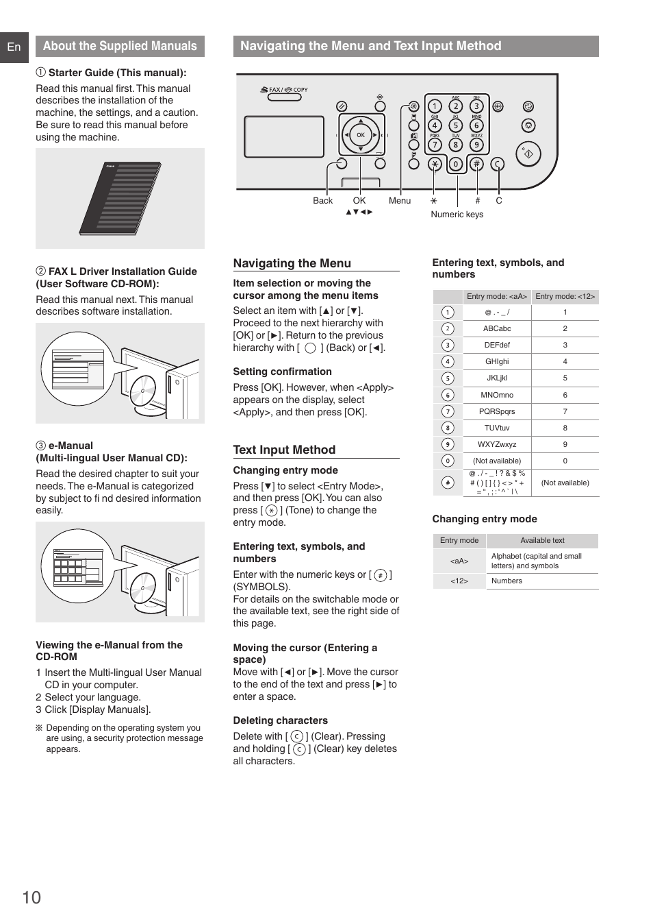 About the supplied manuals, Navigating the menu and text input, Method | Navigating the menu and text input method, Navigating the menu, Text input method | Canon i-SENSYS FAX-L410 User Manual | Page 10 / 236