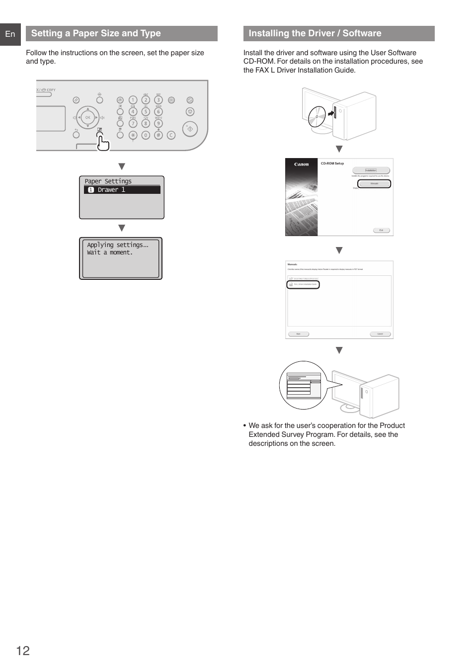 Setting a paper size and type, Installing the driver / software | Canon i-SENSYS FAX-L410 User Manual | Page 12 / 236