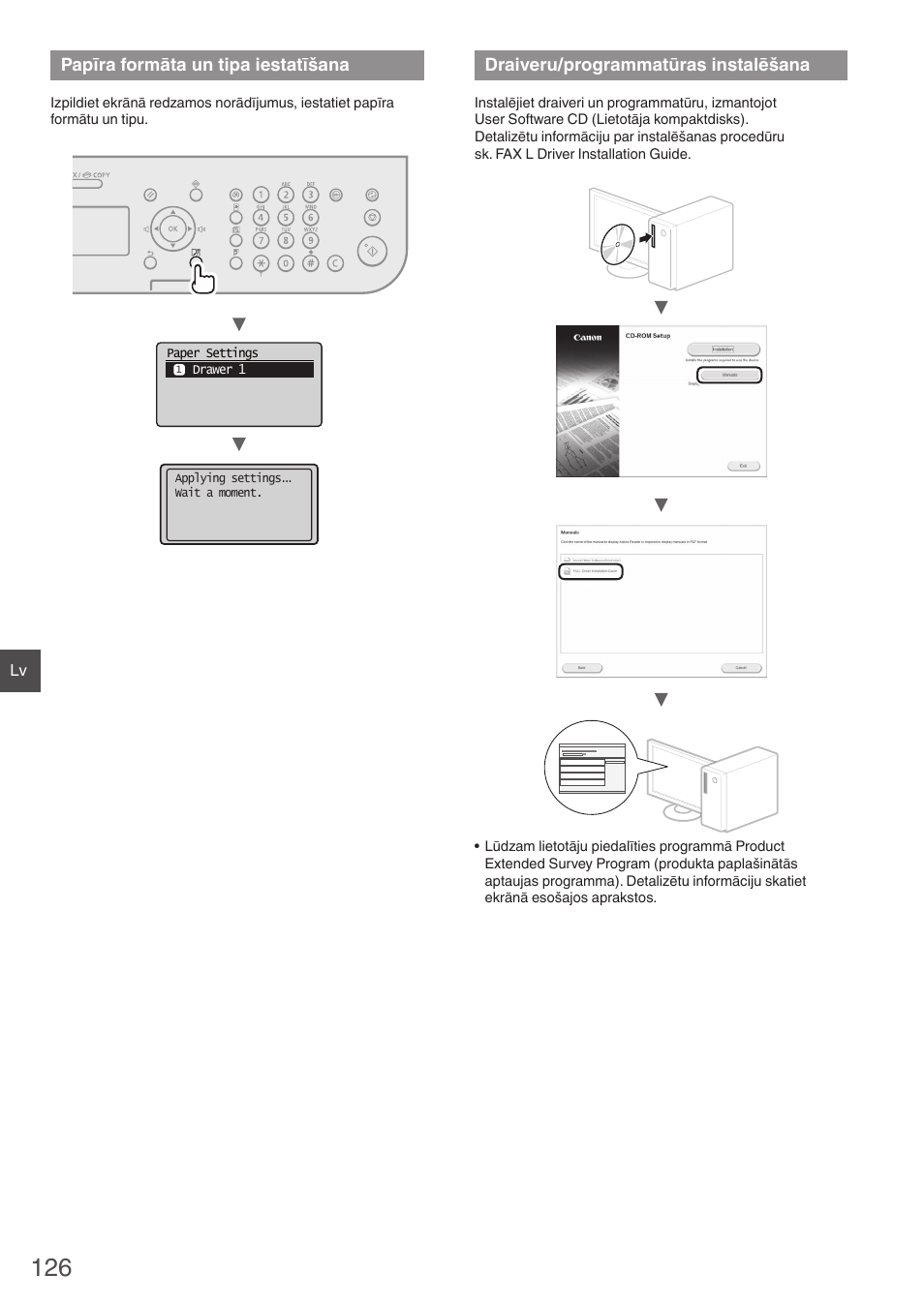Papīra formāta un tipa iestatīšana, Draiveru/programmatūras instalēšana | Canon i-SENSYS FAX-L410 User Manual | Page 126 / 236