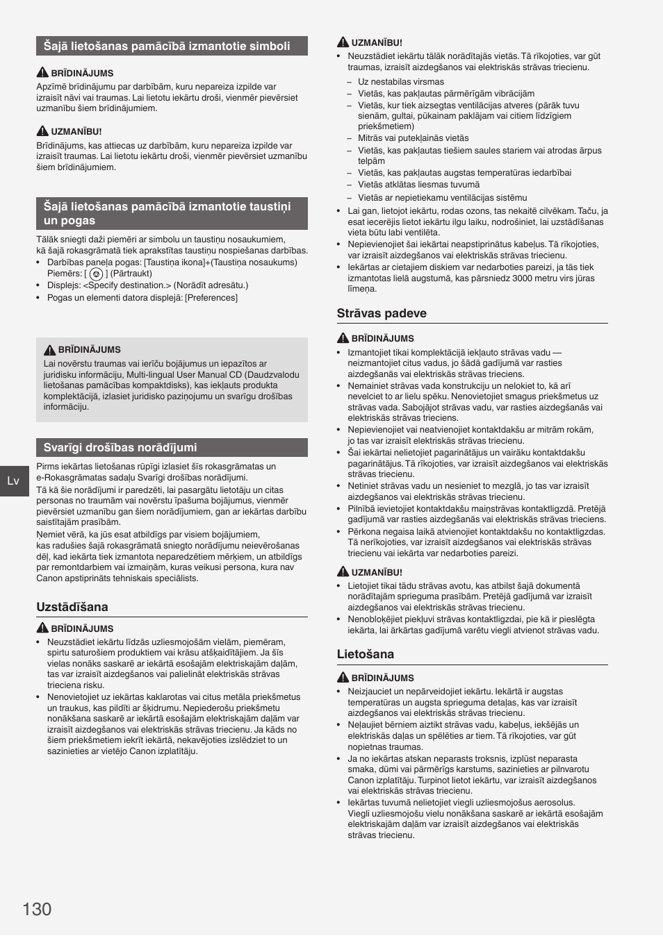Uzstādīšana, Strāvas padeve, Lietošana | Lv šajā lietošanas pamācībā izmantotie simboli, Svarīgi drošības norādījumi | Canon i-SENSYS FAX-L410 User Manual | Page 130 / 236