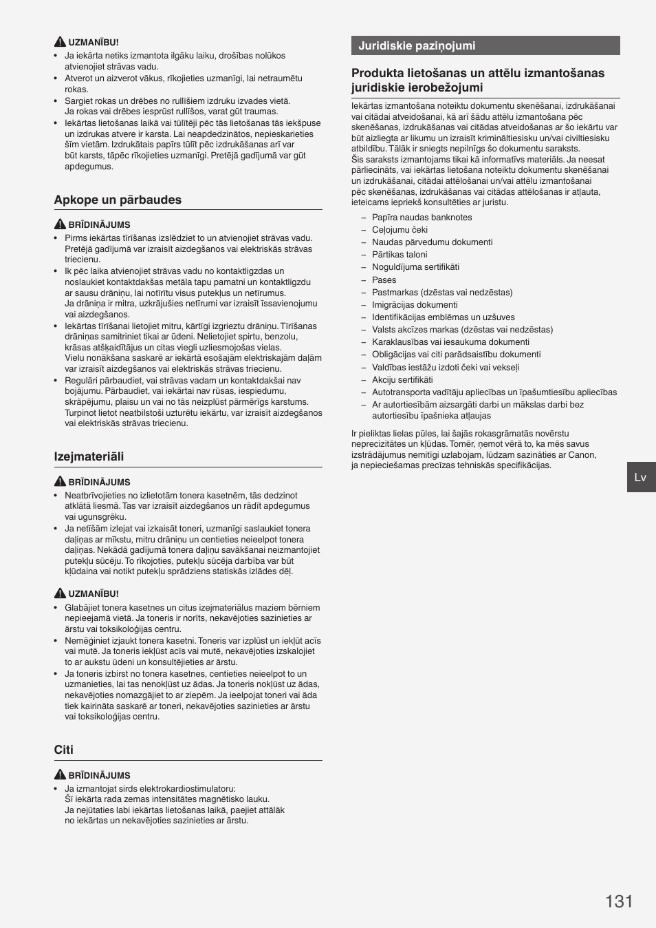 Apkope un pārbaudes, Izejmateriāli, Citi | Juridiskie paziņojumi | Canon i-SENSYS FAX-L410 User Manual | Page 131 / 236
