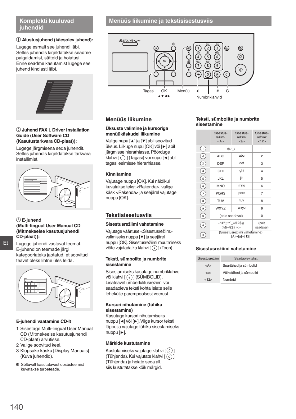 Komplekti kuuluvad juhendid, Menüüs liikumine ja tekstisisestusviis, Menüüs liikumine | Tekstisisestusviis | Canon i-SENSYS FAX-L410 User Manual | Page 140 / 236